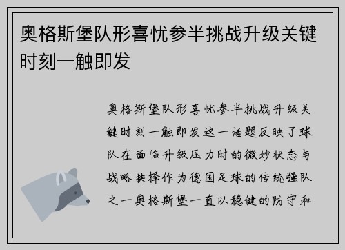 奥格斯堡队形喜忧参半挑战升级关键时刻一触即发