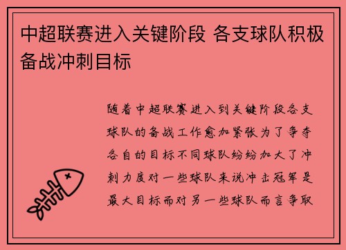 中超联赛进入关键阶段 各支球队积极备战冲刺目标